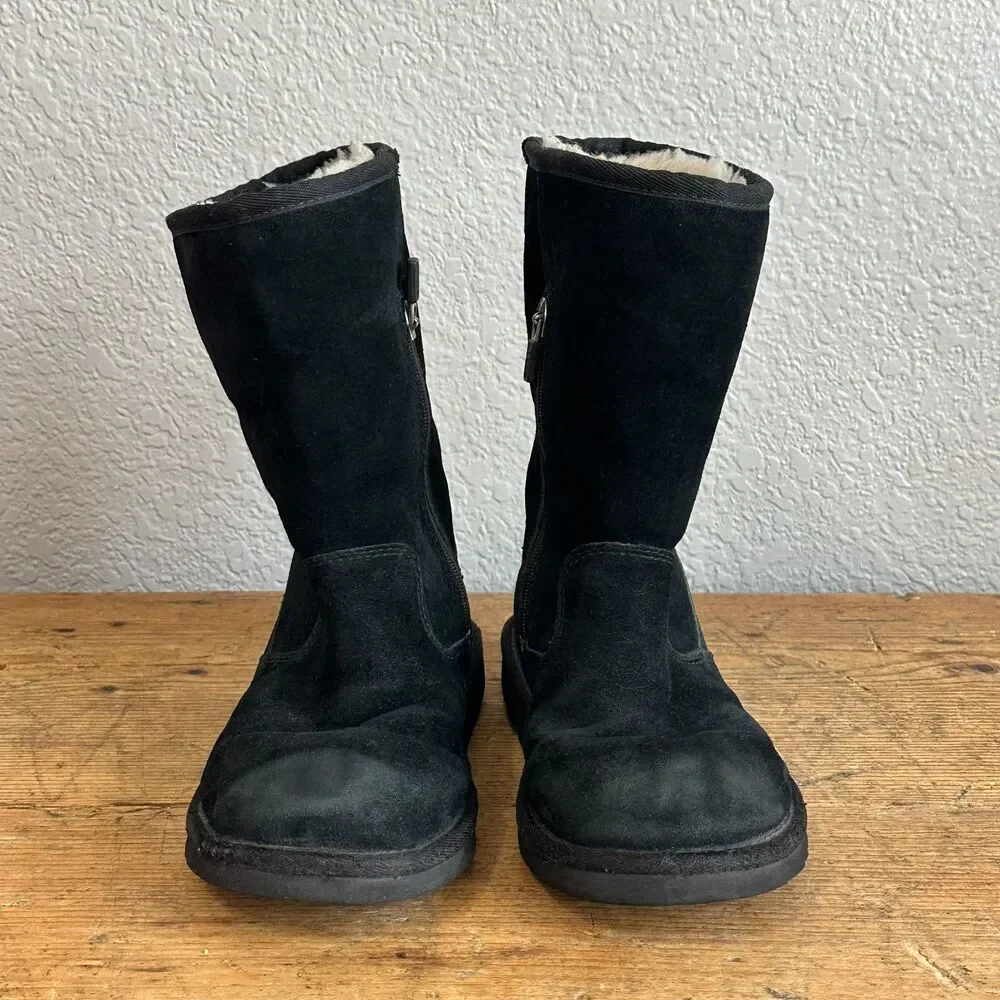 UGG Australia Boots Lil Sunshine II Kids Girls Sz 2 Fur Lined Black Suede Zip Up